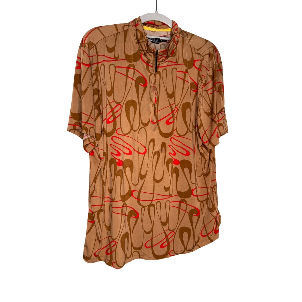 Jamie Sadock tan and red collared golf performance outdoor short sleeve shirt